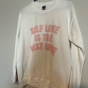 Gildan White Crewneck Sweatshirt with Pink 'Self Love' Graphic